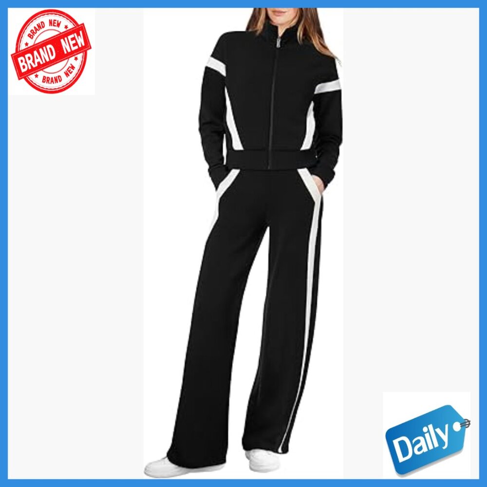 Large Women's 2-Piece Sweatsuit Set Long Sleeve Zip Hoodie Wide Leg Pants